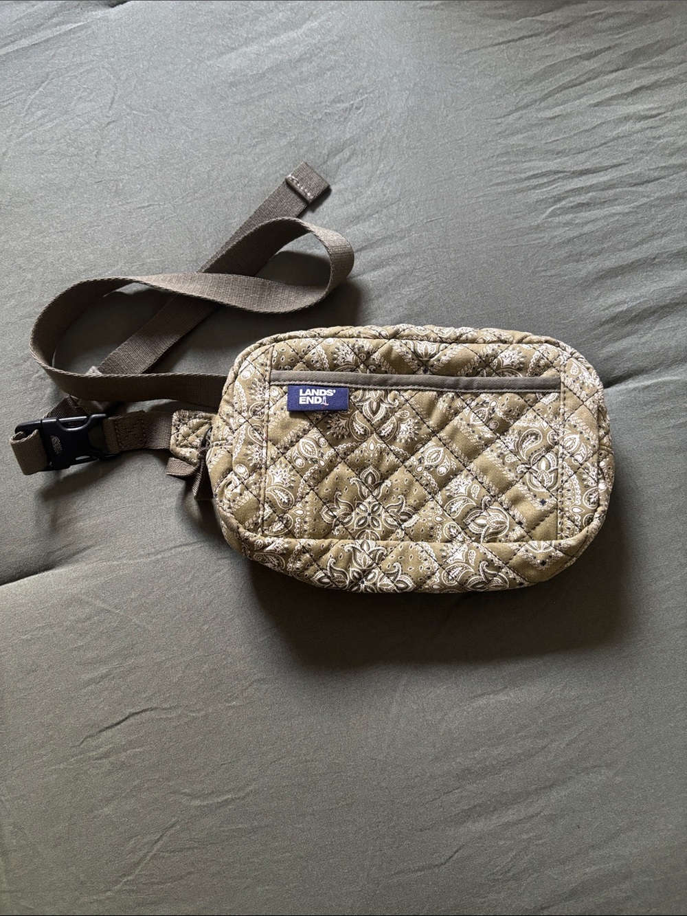 Lands' End Quilted Paisley Waist & Crossbody Bag in Olive Green and Cream